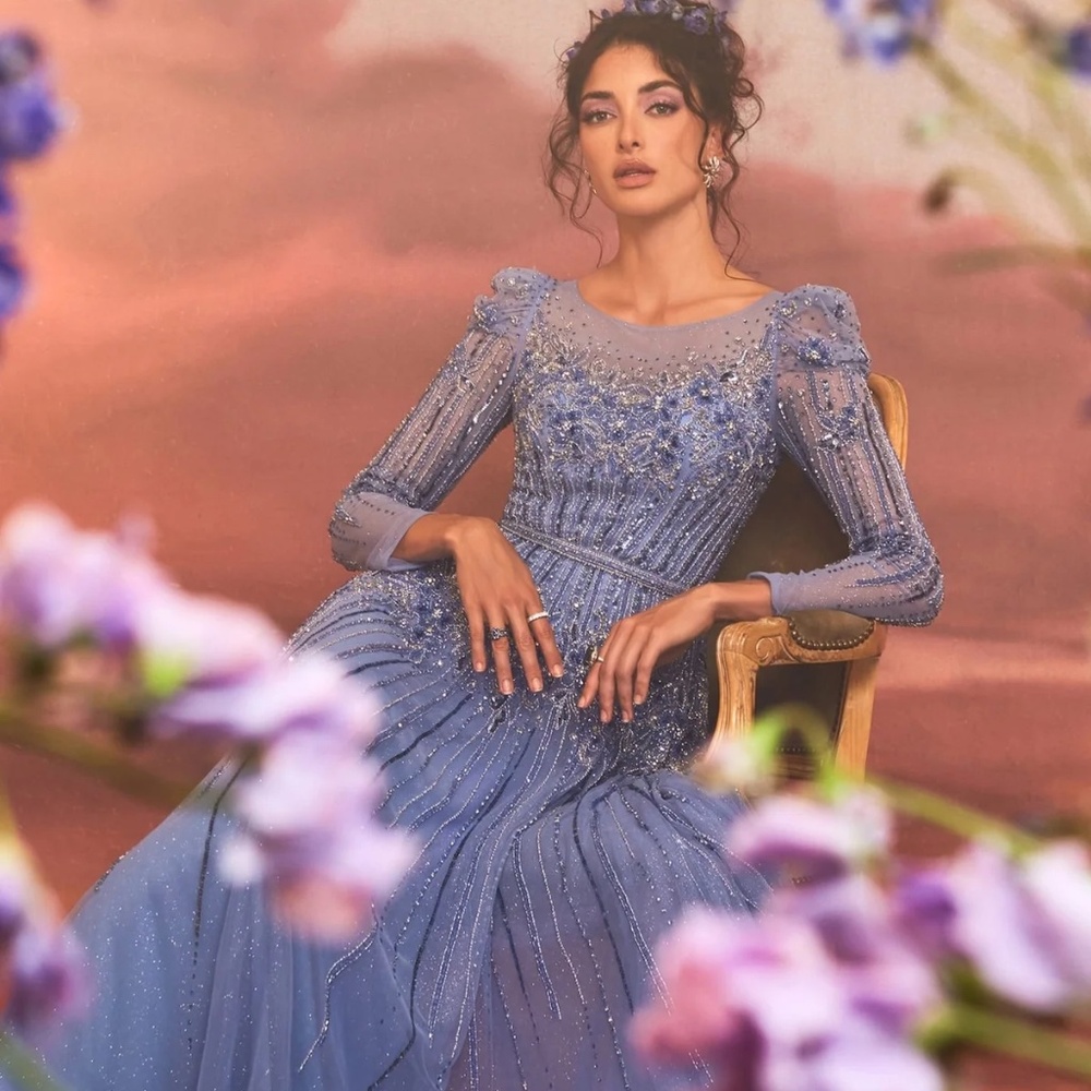 Beaded Lavender Blue Long Sleeve Evening Gown